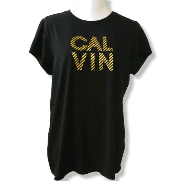 Calvin Klein Gold Glitter Graphic Short Sleeve Tee Size L - Picture 1 of 9